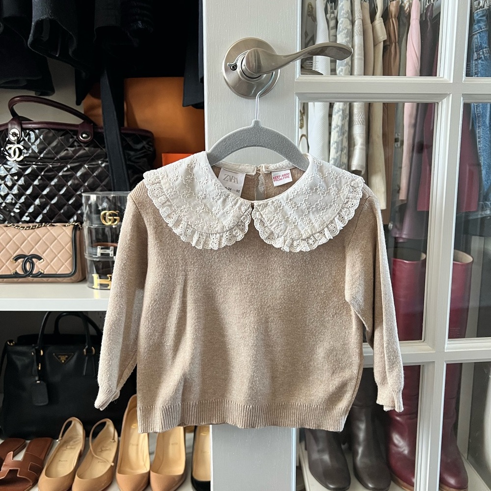 Zara Kids Tan Sweater with White Lace Collar